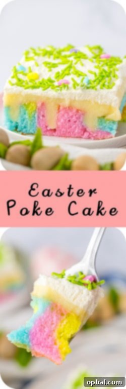 Springtime Easter Poke Cake 13 Easter Poke Cake is the prettiest, tastiest dessert for spring! This was such an easy and super fun cake to make! It’s the perfect sweet treat for Easter! Cake mix, white chocolate pudding layer and a delicious whipped cream on top!