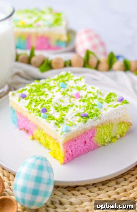 Springtime Easter Poke Cake 8 Simple holiday Easter Poke Cake is the prettiest, tastiest dessert for spring! This was such an easy and super fun cake to make! It’s the perfect sweet treat for Easter! Cake mix, white chocolate pudding layer and whipped cream on top.