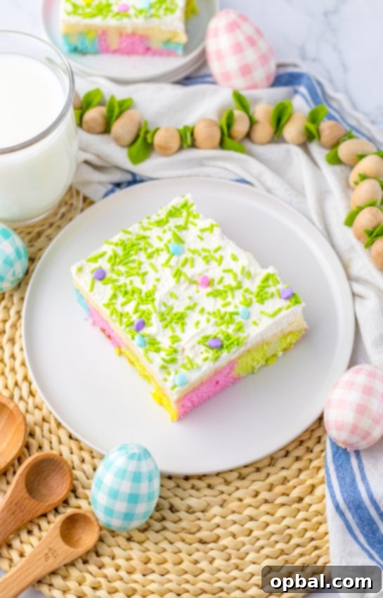 Springtime Easter Poke Cake 10 Easy Easter Poke Cake is the prettiest, tastiest dessert for spring! This was such an easy and super fun cake to make! It’s the perfect sweet treat for Easter! Cake mix, white chocolate pudding layer and whipped cream on top.