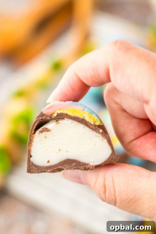 Sweet Easter Mallow Treats 5 One of the completed Easter Marshmallow Eggs cut open to show the insides.