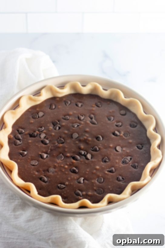 Starlight Sprinkled Brownie Pie 5 The unbaked Cosmic Brownie Pie, perfectly formed in its pie plate and ready to be placed into the oven for baking.