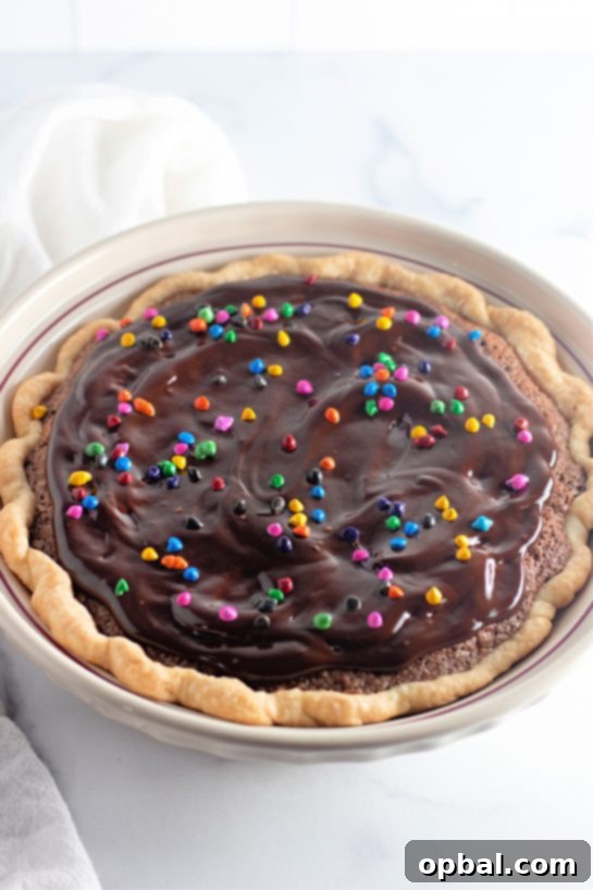 Starlight Sprinkled Brownie Pie 8 A stunning close-up of the Cosmic Brownie Pie, showcasing its glossy ganache and colorful mini chocolate chip topping, a truly decadent dessert.