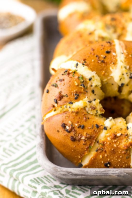 Close-up photo of the finished and plated TikTok stuffed bagels recipe, showcasing its delicious texture.