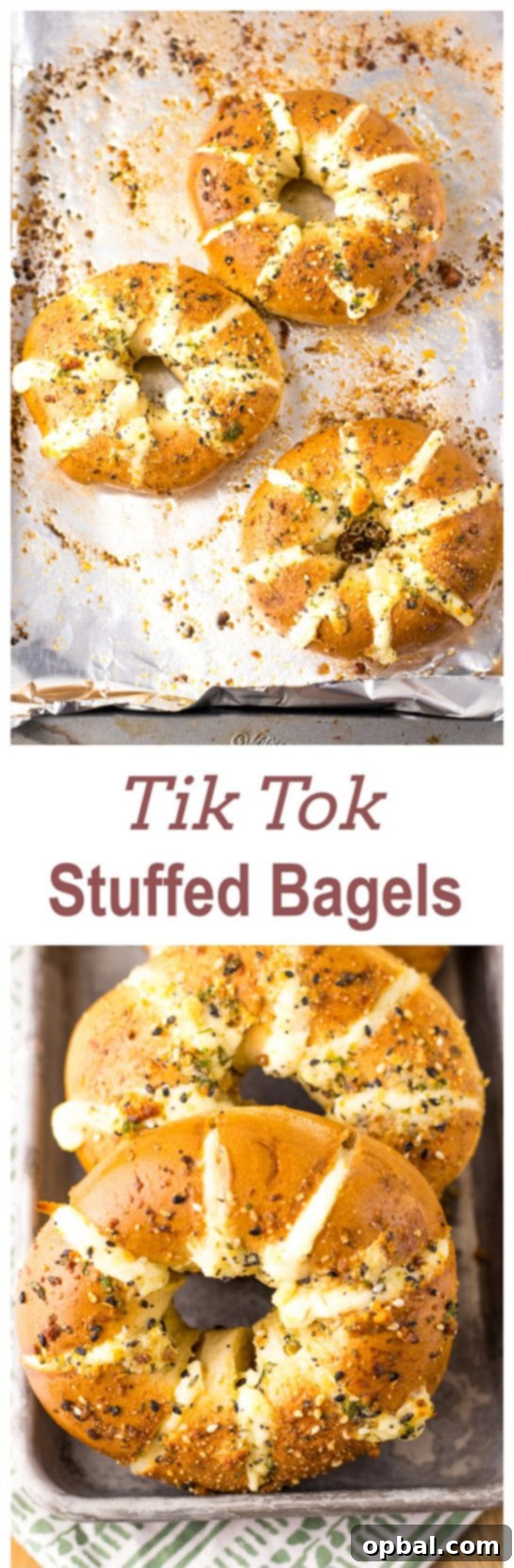 TikTok Viral Stuffed Bagels 14 TikTok Stuffed Bagels are going viral for a good reason! Bagels are sliced and stuffed with a sweetened cream cheese. They are brushed with a garlic butter and sprinkled with parmesan cheese before getting baked to perfection in the oven. This recipe also includes directions for the air fryer.