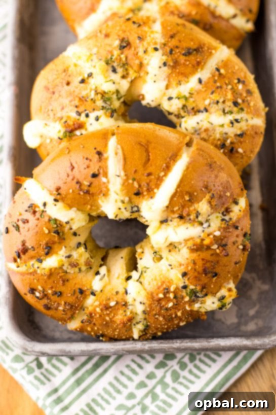 Close-up photo of the finished and plated TikTok stuffed bagels recipe, garnished with fresh herbs and ready to be served.