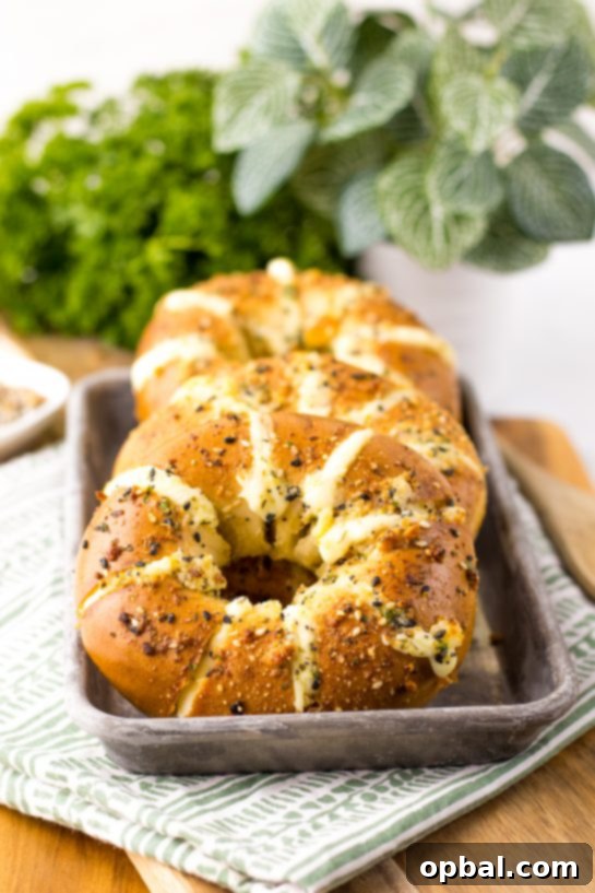 TikTok Stuffed Bagels are a viral hit for good reason! Bagels are sliced, stuffed with sweetened cream cheese, brushed with garlic butter, and topped with parmesan before baking to perfection. This recipe includes directions for both oven and air fryer.