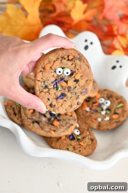 Ghoulishly Good Chocolate Chip Monster Cookies 2 Halloween Monster Chocolate Chip Cookies recipe: the perfect blend of crisp edges and chewy centers, bursting with rich buttery flavor and gooey chocolate chips. Topped with playful candy eyes and a sprinkle of festive colors, they’re not just a treat—they’re a fun and spooky centerpiece for any Halloween celebration.