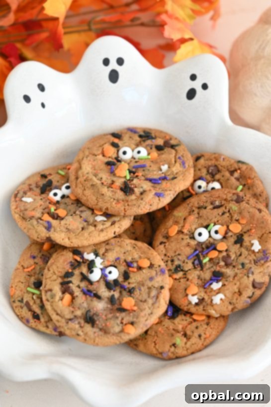 Ghoulishly Good Chocolate Chip Monster Cookies 3 Halloween Monster Chocolate Chip Cookies recipe: the perfect blend of crisp edges and chewy centers, bursting with rich buttery flavor and gooey chocolate chips. Topped with playful candy eyes and a sprinkle of festive colors, they’re not just a treat—they’re a fun and spooky addition to any Halloween celebration.