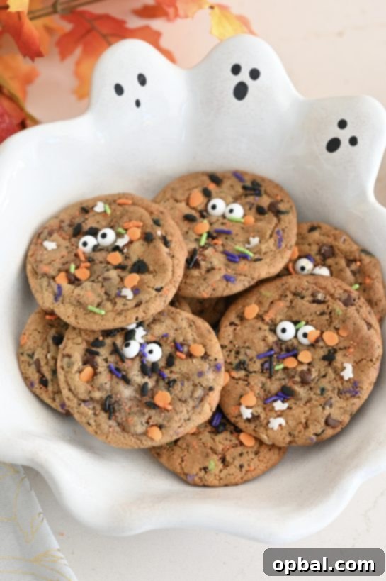 Ghoulishly Good Chocolate Chip Monster Cookies 5 Overhead photo of the Halloween Monster Chocolate Chip Cookies recipe finished and plated.
