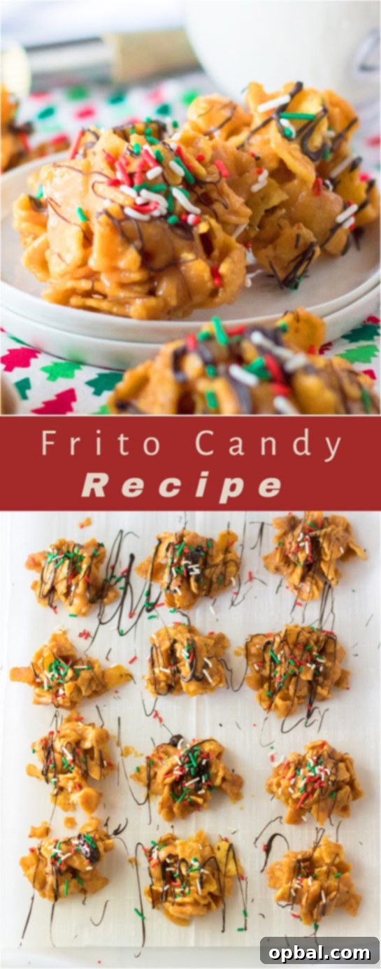 Frito's Sweet Crunch 11 A final close-up of the Frito Candy recipe, featuring its irresistible creamy peanut butter base, salty Fritos, chocolate drizzle, and festive sprinkles, ideal for a holiday dessert tray or thoughtful gifting.