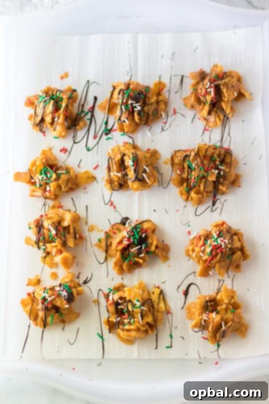 An overhead shot of the finished Frito Candy, showcasing its delicious appearance with chocolate drizzle and sprinkles, ready to be enjoyed at Christmas.