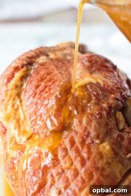 Christmas Glazed Ham 6 A close-up shot emphasizing the luscious glaze being poured over the holiday ham, highlighting its rich texture and festive appeal.