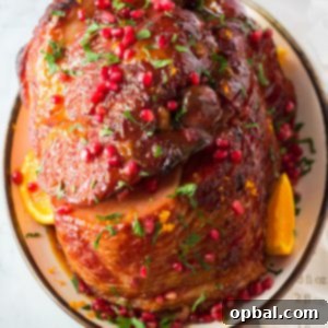 Overhead shot of the finished Christmas ham recipe for Christmas or Easter dinner.