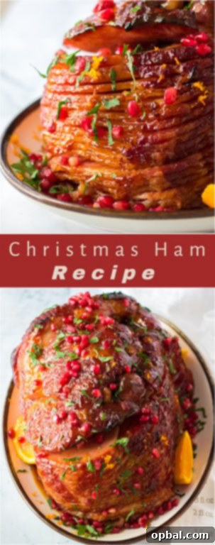 Christmas Glazed Ham 10 A stunning full view of the orange, honey, and brown sugar glazed Christmas ham, garnished and ready to be served, showcasing its festive and delicious appearance.