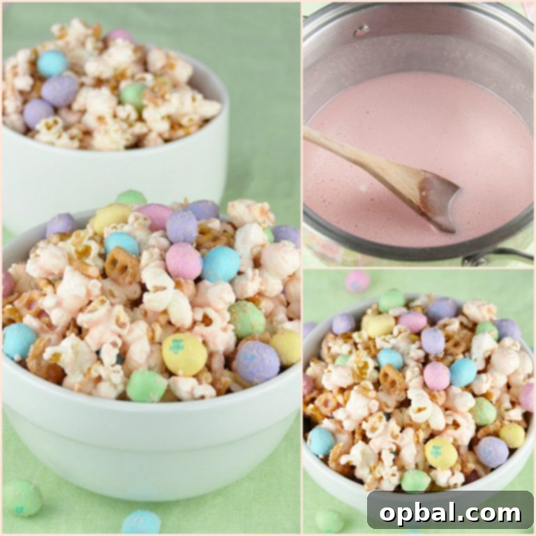 A vibrant and inviting collage showcasing the Easy Salted Caramel Easter Popcorn recipe, perfect for spring.