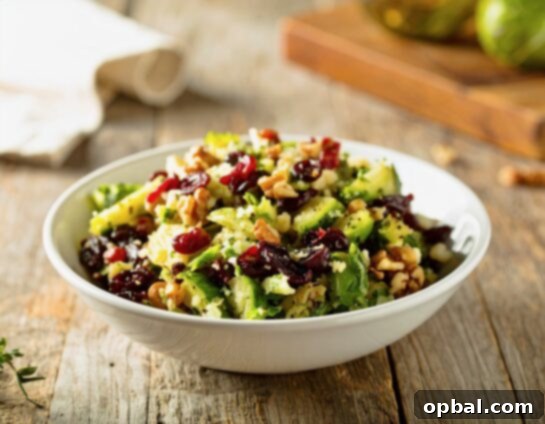 Close-up of a festive Brussels Sprouts Cranberry Walnut Salad, showcasing the vibrant colors and appealing textures of the shredded sprouts, crimson cranberries, and golden walnuts.