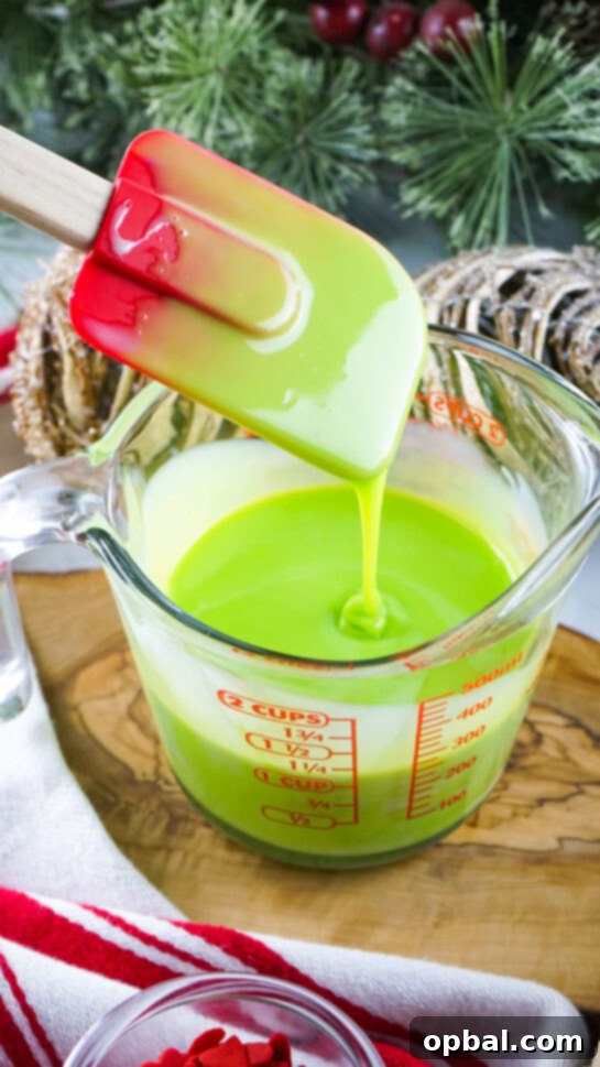 Vibrant green mixture, ready to transform into delicious Grinch Fudge.