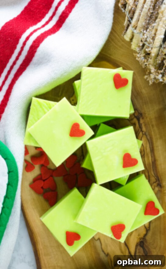 Overhead view of Grinch Fudge with heart sprinkles.