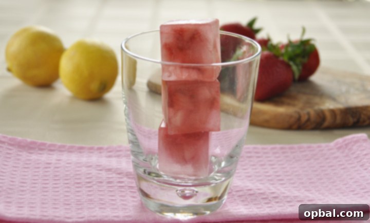 Refreshing Strawberry Ice cubes for lemonade, perfect for summer drinks.