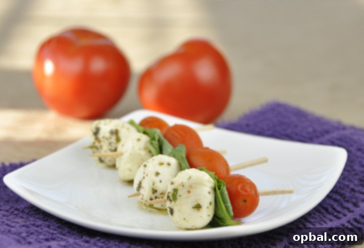 Elegant Caprese on a Stick, a bite-sized Caprese salad.