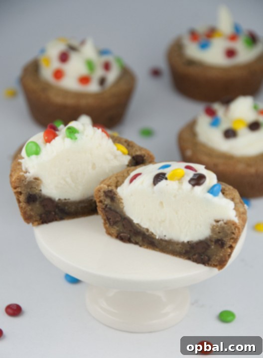 Choc Chip Cookie Cups with Luscious Almond Buttercream 2 Giant Chocolate Chip Cookie Cups recipe with Almond Buttercream Icing topped with mini M&M's for a fun splash of color make for the perfect dessert for any occasion