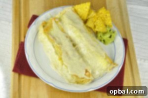 Honey Lime Chicken Enchiladas (1) Close-up of a single Honey Lime Chicken Enchilada, showing the golden cheese and sauce.