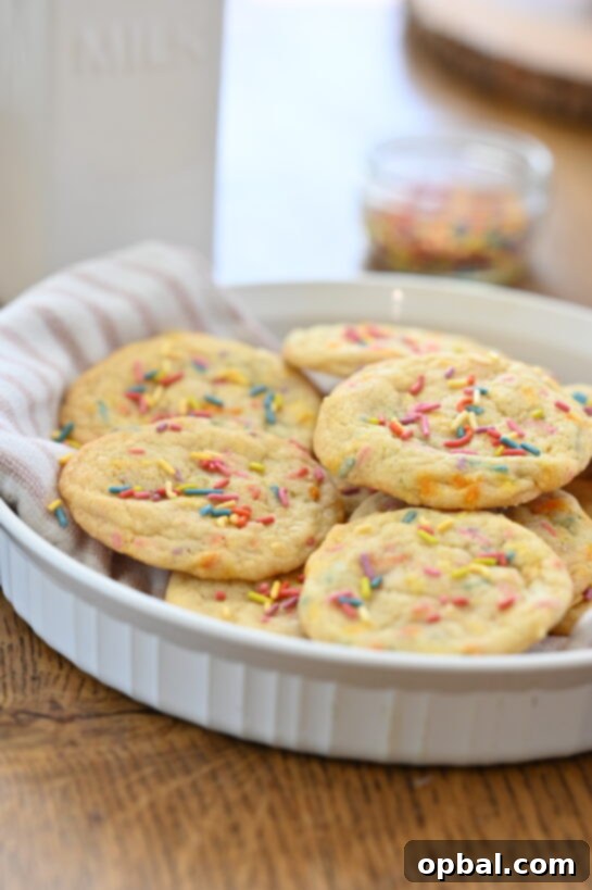 Soft Sprinkle Sugar Cookies arranged on a plate, ready to be served at a party. A colorful and tempting treat.