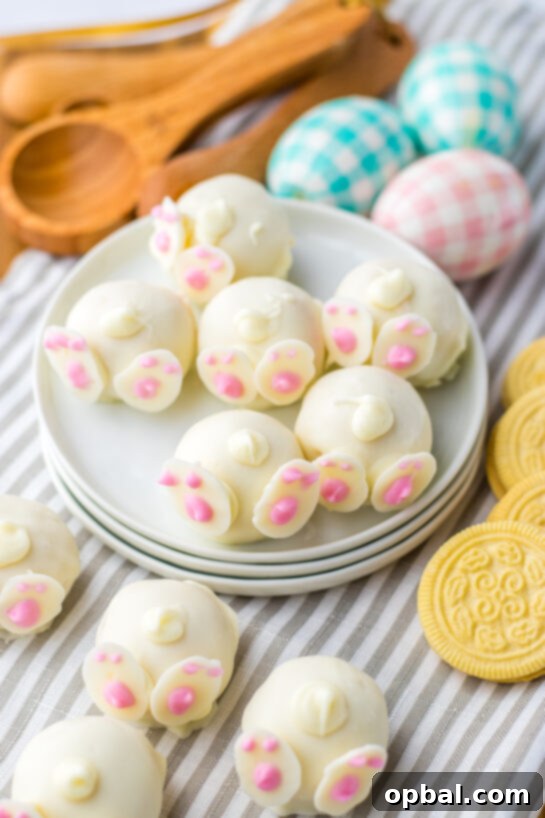 Lemon Pompom Truffles 2 These Bunny Butt Lemon Truffles are irresistibly cute, simple, and fun to make. A creamy blend of lemon Oreos and cream cheese forms the rich filling, which is then dipped in white chocolate and topped with a piped bunny tail. Homemade white‑chocolate bunny feet complete the look. They’re a guaranteed crowd‑pleaser—and a perfect no‑bake treat for the holiday.