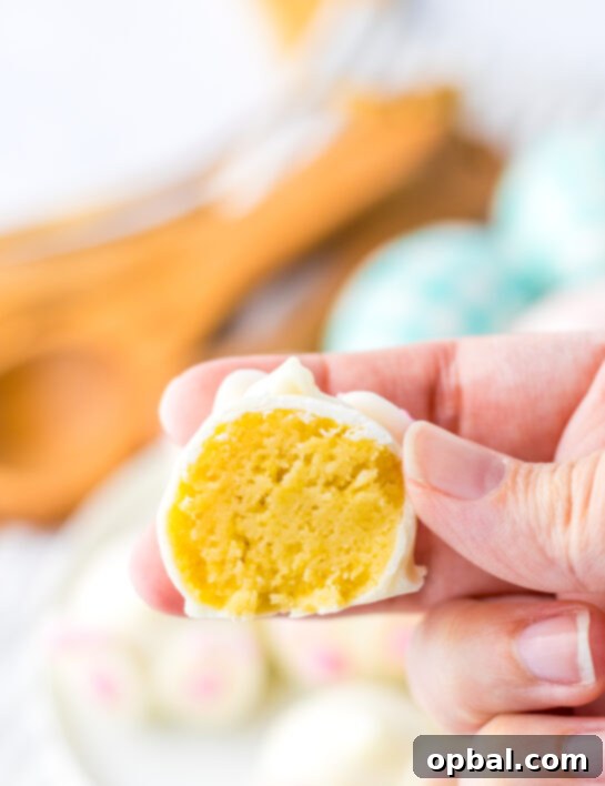 Lemon Pompom Truffles 10 Close-up photo of the cut-open and finished Bunny Butt Lemon Truffles perfect no‑bake dessert for Easter.