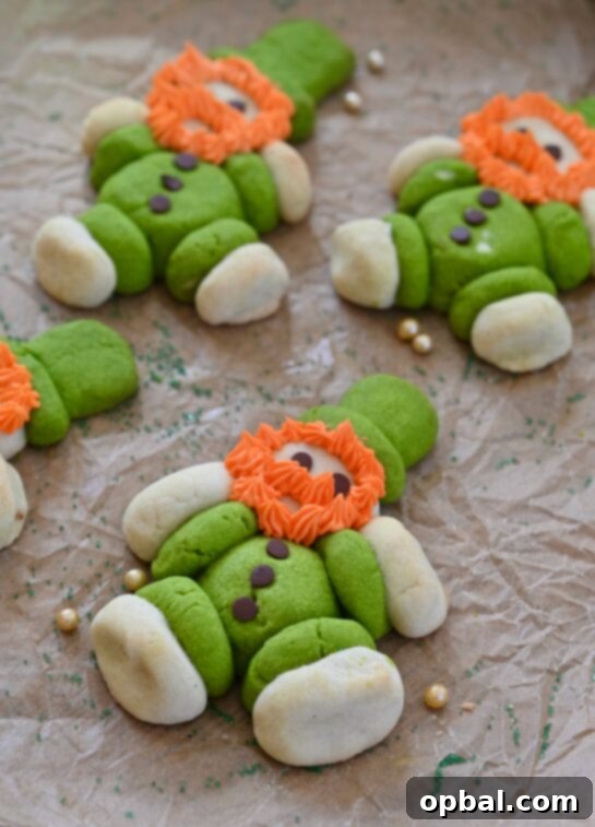 Leprechaun's Lucky Cookie Delights 3 Close-up of a decorated Lucky Leprechaun Cookie, showcasing its green body, white face, and detailed orange frosting beard, ready for St. Patrick's Day fun.
