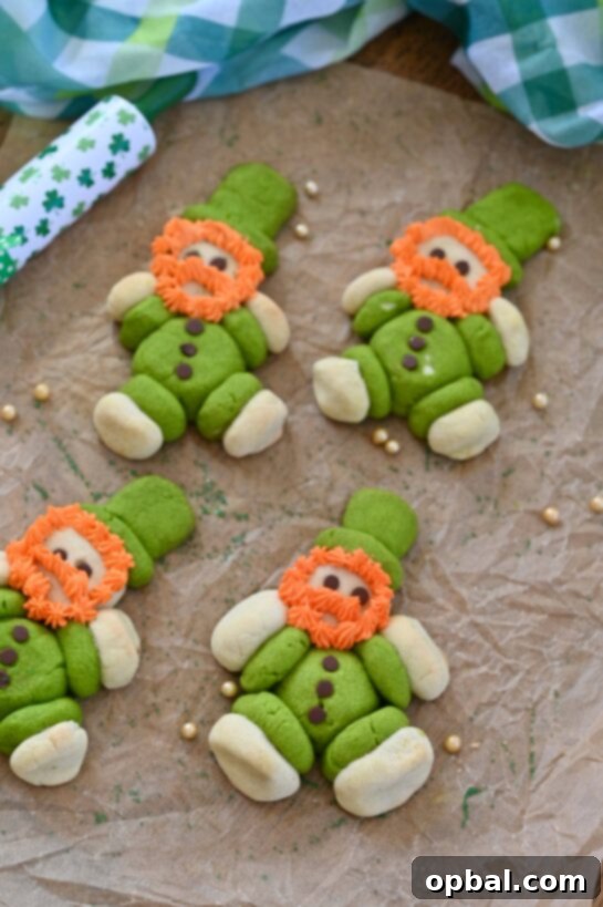 Leprechaun's Lucky Cookie Delights 4 A trio of freshly baked and decorated Lucky Leprechaun Cookies, with their unique expressions and vibrant colors, set against a festive background for St. Patrick's Day.